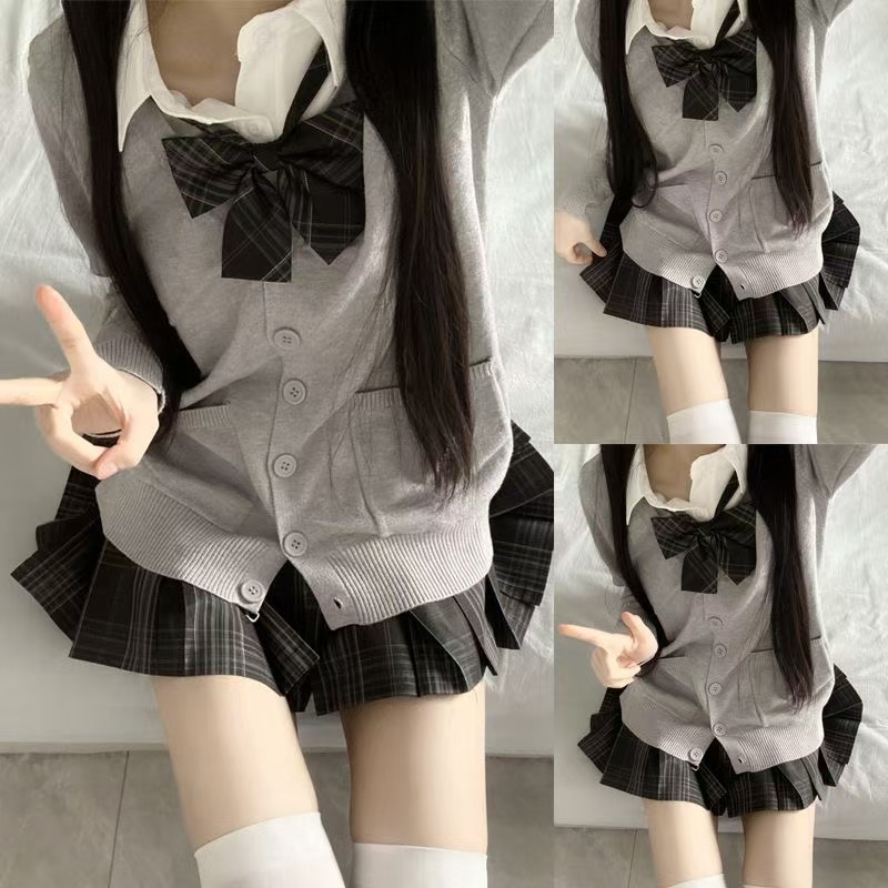 新款设计感原创JK制服秋冬套装格裙衬衫长袖毛衣开衫学院风校供女 - 图2