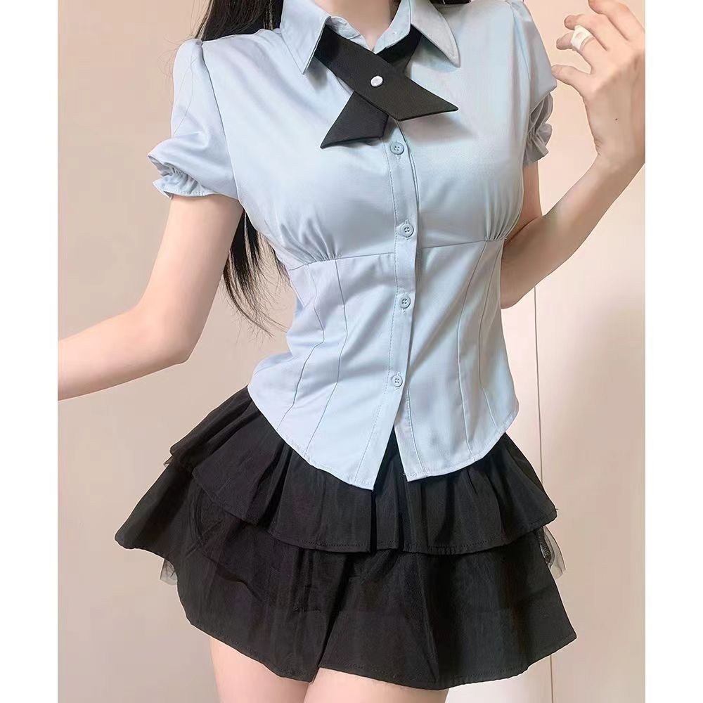 套装学院风日系JK制服女收腰显瘦泡泡袖衬衫上衣高腰蓬蓬蛋糕裙子 - 图3