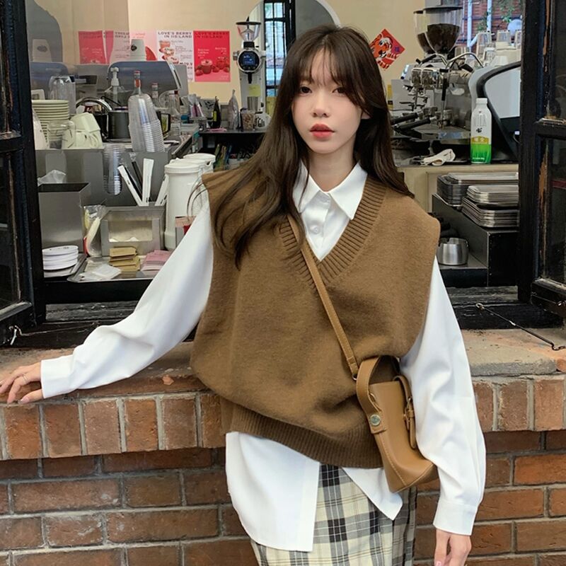 克莱因蓝V领针织马甲女春季外搭叠穿毛衣背心坎肩马夹衬衫两件套,淘宝优惠券,粉丝福利购,淘宝优惠卷