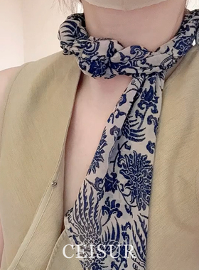 法式慵懒风复古腰花长条丝巾小众独特百搭显白多种戴法头巾发带女