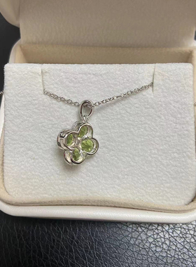 天然橄榄石吊坠女 925纯银镀白金绿色宝石幸运四叶草吊坠锁骨项链