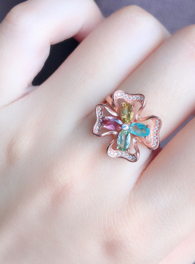 天然碧玺纯银四叶草手工活口戒指