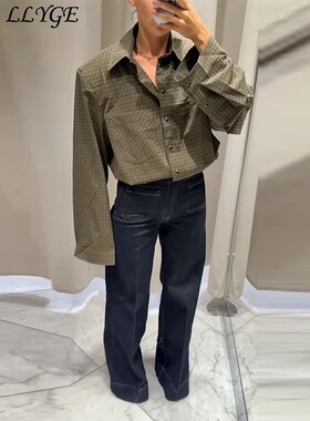 Elegant Women's Green Plaid Shirts Loose Lapel Single Breast