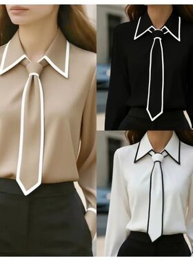 Women's Blouse Fashion Shirt Formal Bow Tie Long-sleeve Cont