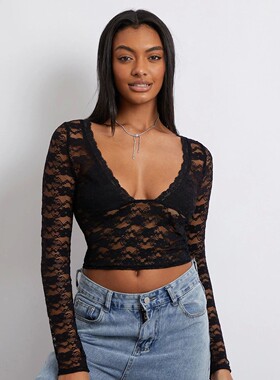 Wilcliar Women s Long Sleeve Lace Tops Summer Black V Neck S