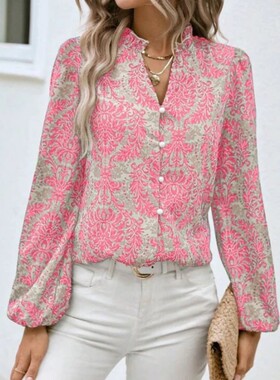 Women's Long Sleeve Shirt V-Neck Embellished Pleated Lantern