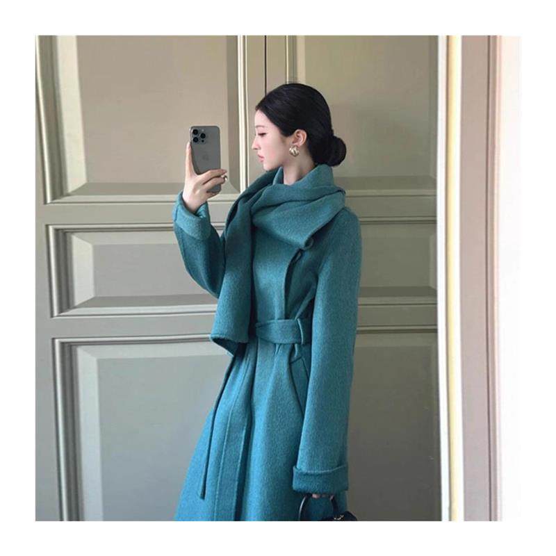 2025冬法式高级感蓝色围巾领长款毛呢外套女洋气独特别致呢子大衣,淘宝优惠券,粉丝福利购,淘宝优惠卷