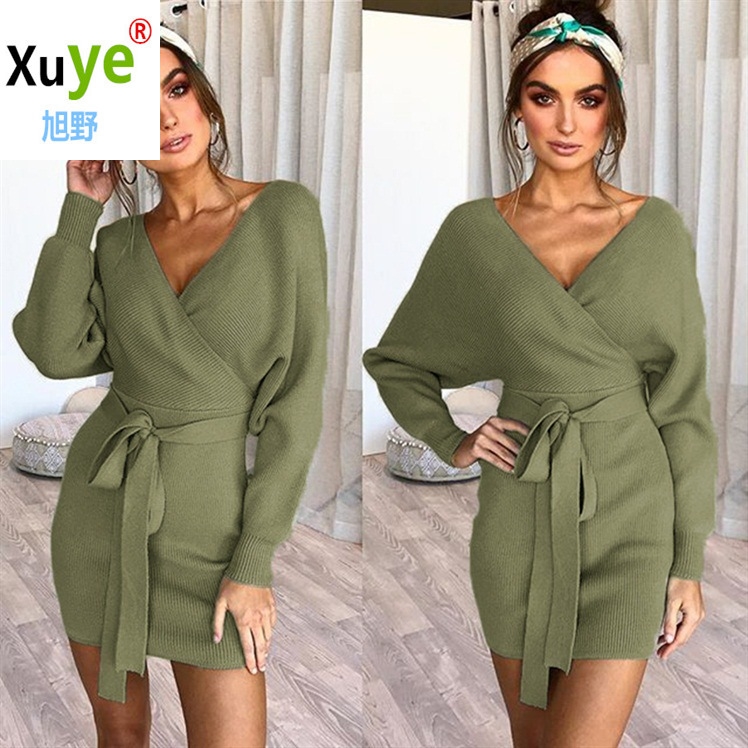 women dress knitted long sleeve ladies sweater dresses-图3