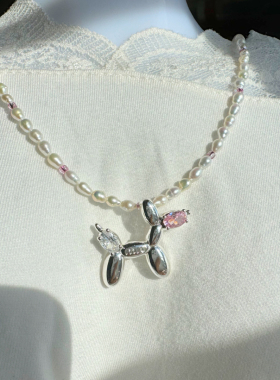 韩国ins风小众设计S925纯银气球狗珍珠项链高级感长链