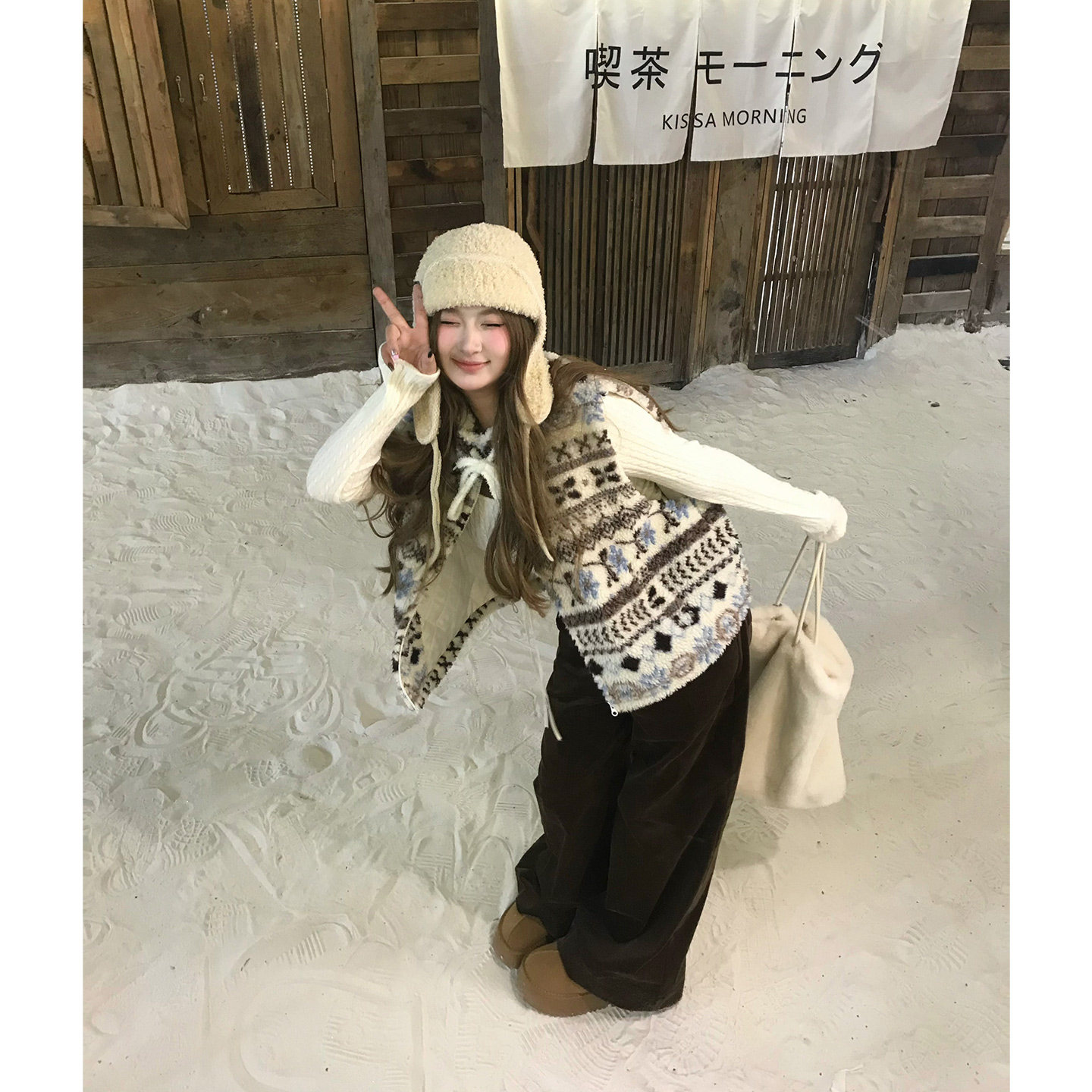 你的鱼 芬兰冬日 韩系微胖mm费尔岛马甲保暖上衣灯芯绒长裤套装,淘宝优惠券,粉丝福利购,淘宝优惠卷