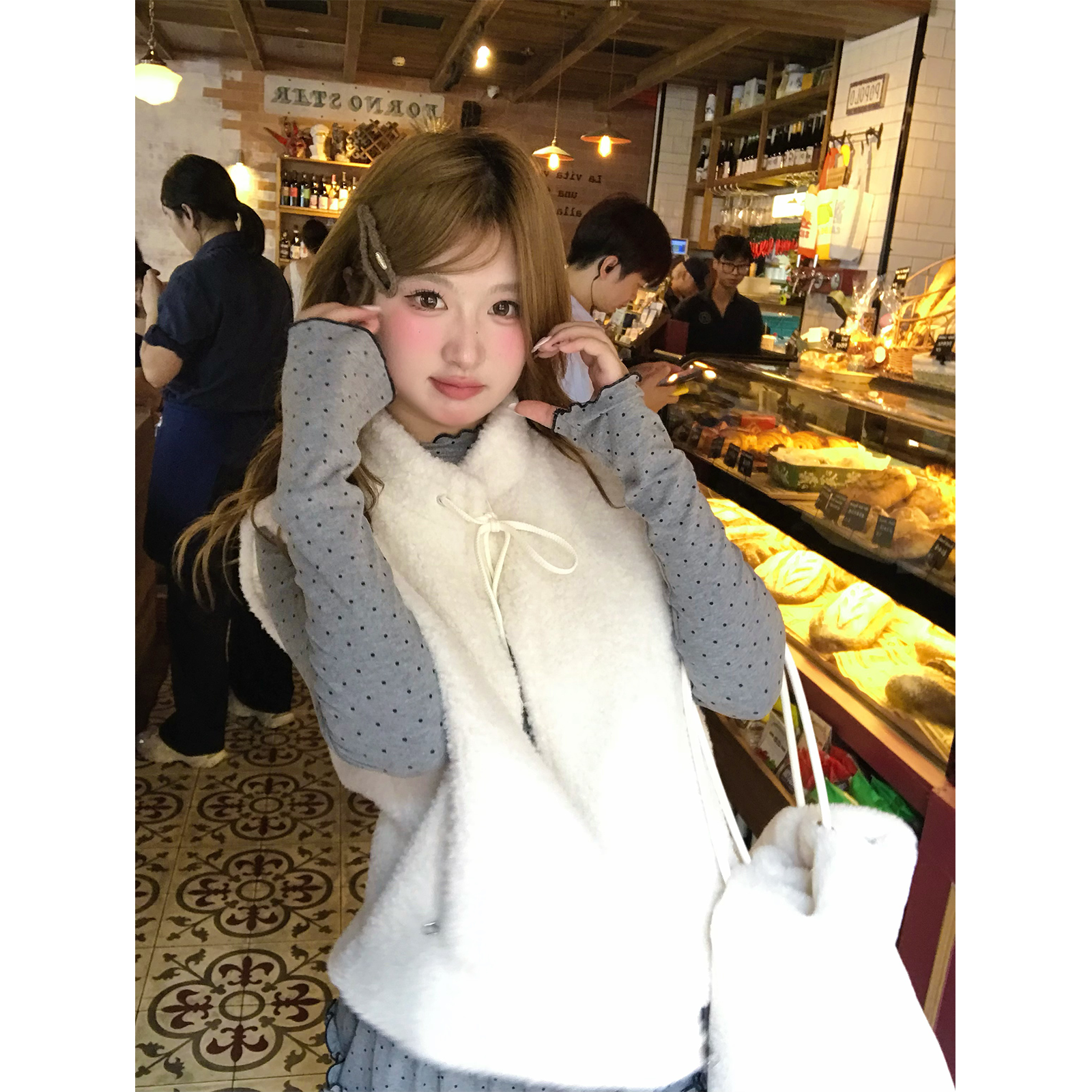 你的鱼 波点芭蕾 韩系微胖mm荷叶边波点针织叠穿羊羔毛马甲套装,淘宝优惠券,粉丝福利购,淘宝优惠卷