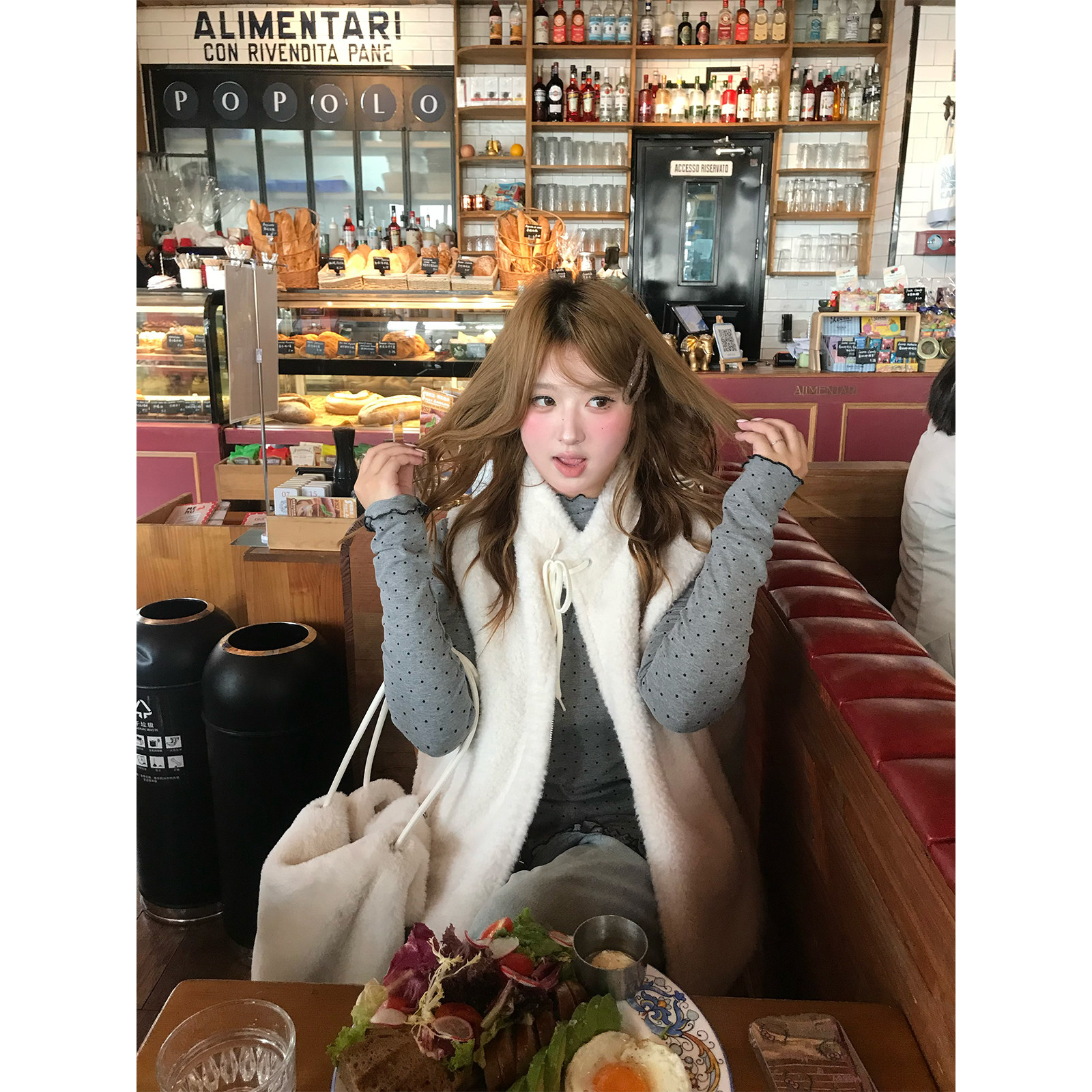 你的鱼 波点芭蕾 韩系微胖mm荷叶边波点针织叠穿羊羔毛马甲套装,淘宝优惠券,粉丝福利购,淘宝优惠卷