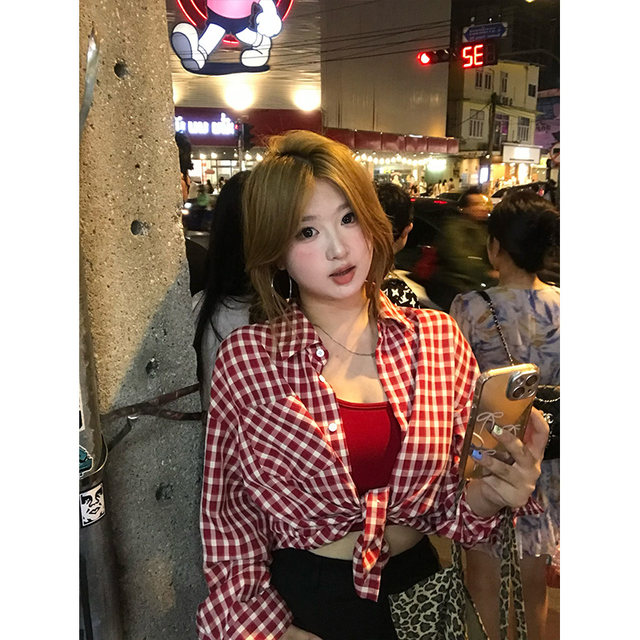 ປາຂອງເຈົ້າ Retro Style Japanese Plaid Shirt Jacket Halter Suspender Summer Playful Slightly Fat MM Suit