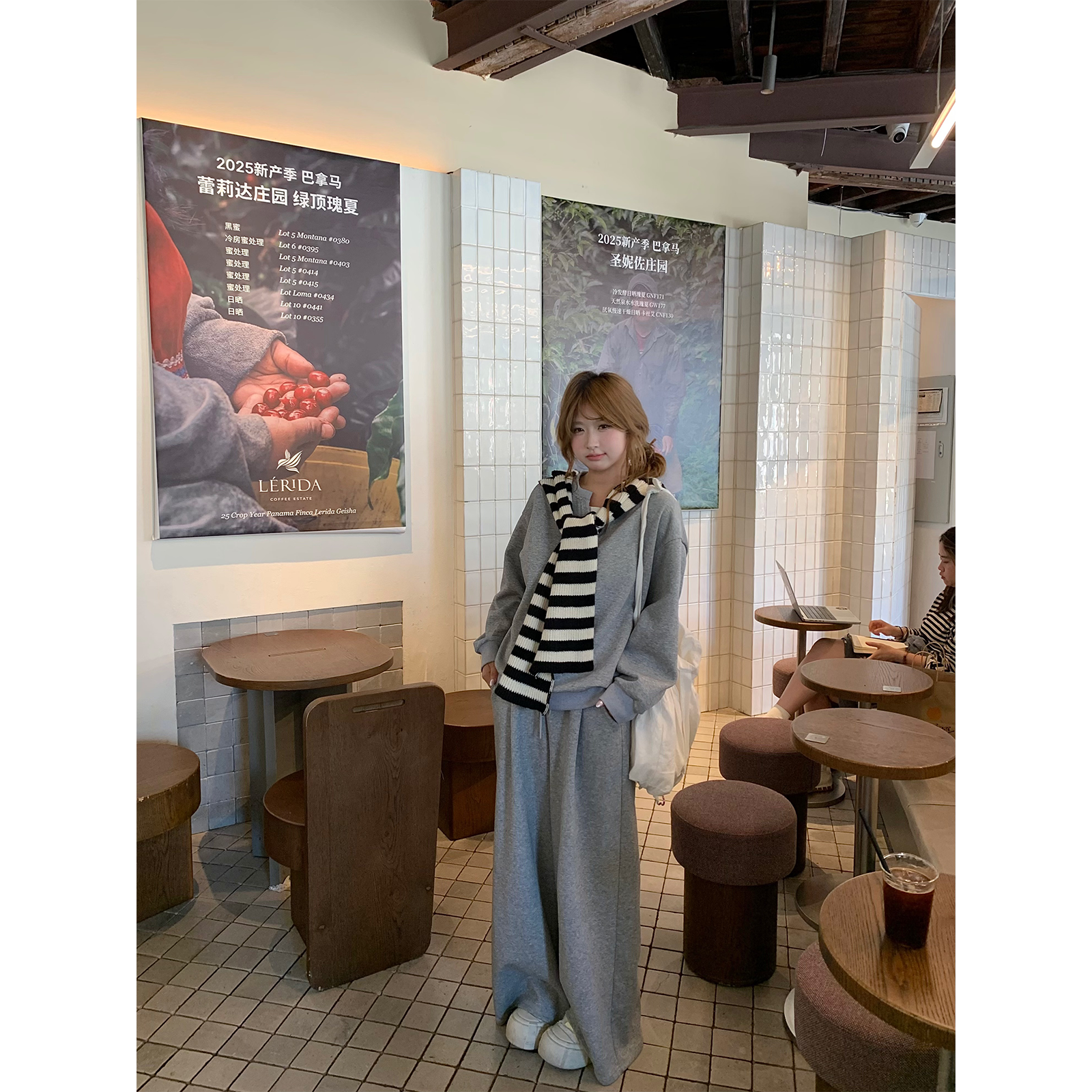 你的鱼 慵懒周末 韩系微胖mm慵懒针织假两件条纹披肩显瘦休闲套装 - 图0