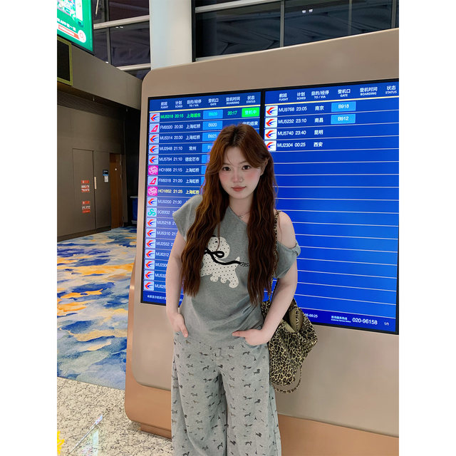 Radio Fish Doggy Radio ໄຂມັນເກົາຫຼີ mm embroidered puppy print off-shoulder right shoulder T-shirt spring and summer suit
