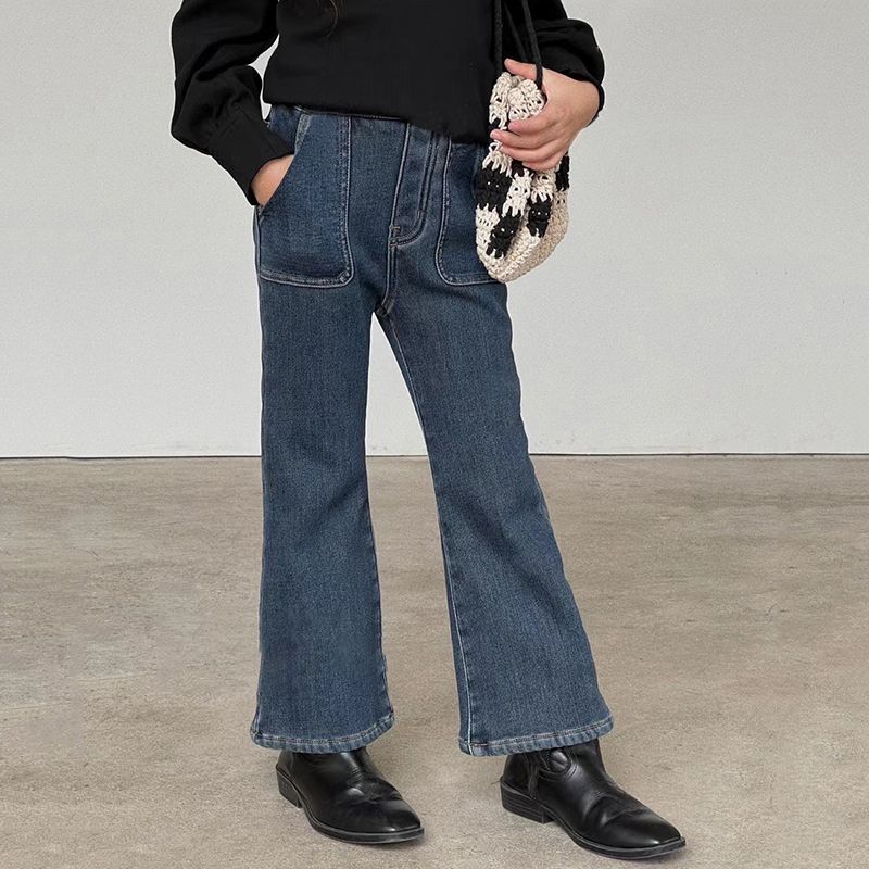 儿童春秋冬季时髦洋气一体绒喇叭裤女孩休闲加厚牛仔裤女童长裤潮 - 图2