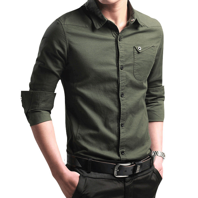 秋冬季衬衫男土长袖薄款纯棉牛仔军绿色村衫帅气西装商务休闲时尚