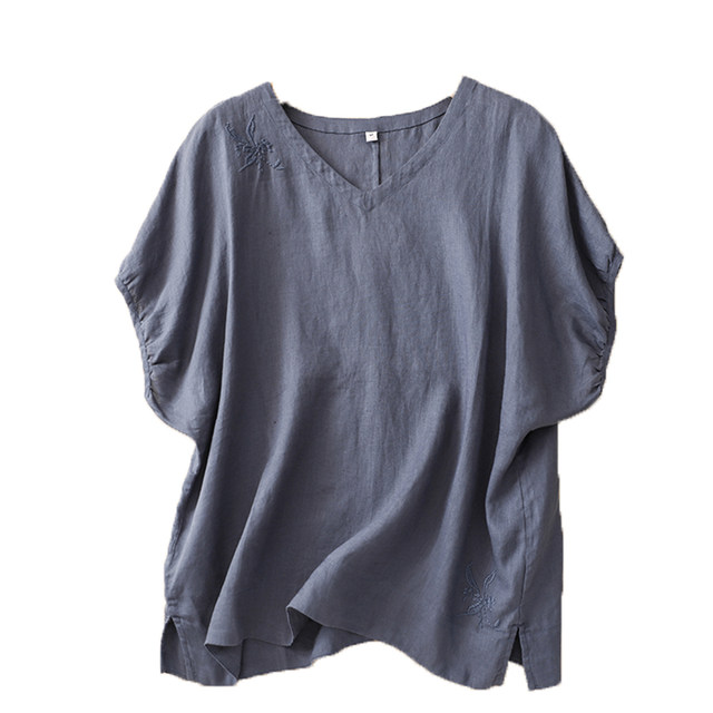 Foreign trade export original single cotton linen short-sleeved T-shirt for women's summer wheat ears embroidered V-neck bat sleeve loose top literary shirt