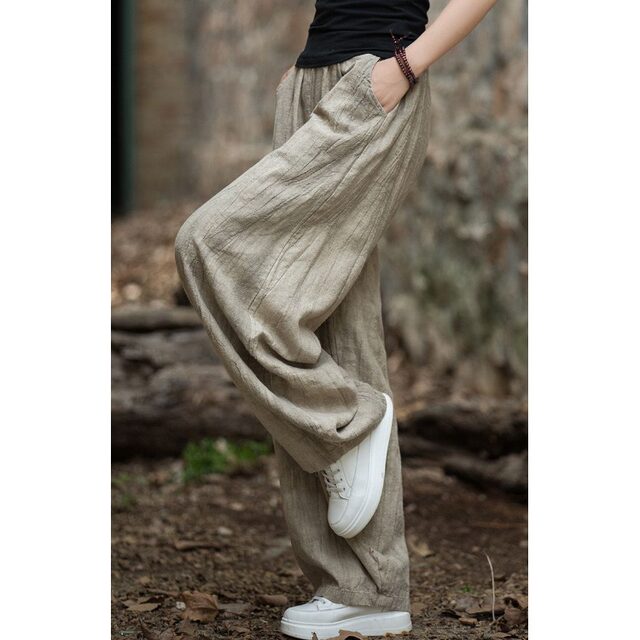 ຝ້າຍແລະ linen tie-dye distressed ຝ້າຍແລະ linen trousers ຂາກ້ວາງສໍາລັບແມ່ຍິງໃນ summer, ສິນລະປະແລະ versatile, ວ່າງ, lazy, ບາດເຈັບແລະທັນສະໄຫມ bloomers