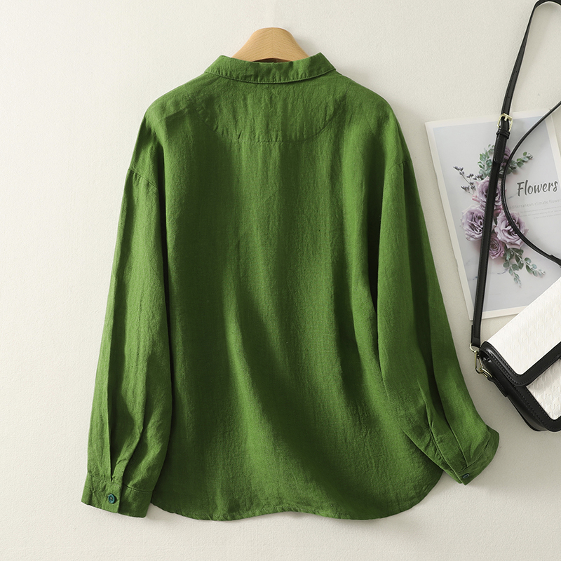复古洋气绿色亚麻翻领长袖衬衫女早秋新款休闲宽松显瘦开衫上衣潮 - 图0