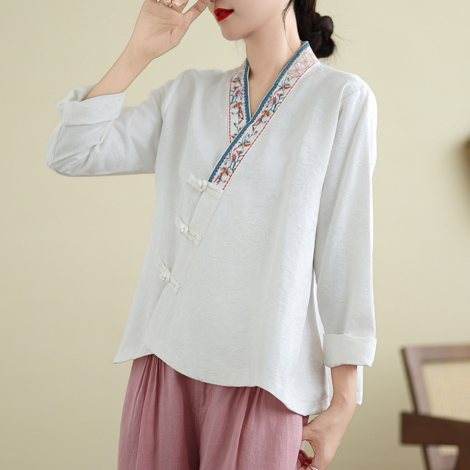 中国风复古刺绣棉麻V领衬衫女春秋改良汉服斜襟盘扣禅意长袖上衣,淘宝优惠券,粉丝福利购,淘宝优惠卷