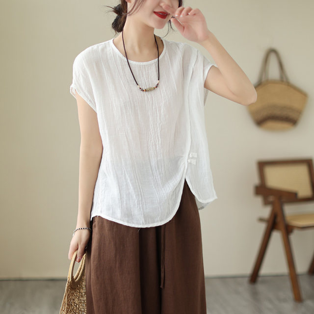 ເສື້ອຍືດແຂນສັ້ນ ຝ້າຍ ແລະ linen ຕົ້ນສະບັບຂອງຍີ່ປຸ່ນສໍາລັບແມ່ຍິງ