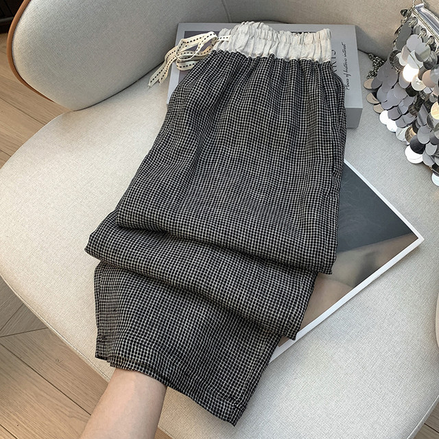 ໂສ້ງຂາກວ້າງຂອງກາງເກງ plaid stitching linen ຍີ່ປຸ່ນ ສໍາລັບ summer summer ແມ່ຍິງບາງສາຍຮັດແອວສູງ ຝ້າຍແລະ linen ສັ້ນກະທັດຮັດ