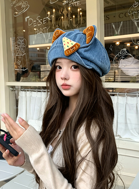 可爱猫耳牛仔八角帽女显脸小
