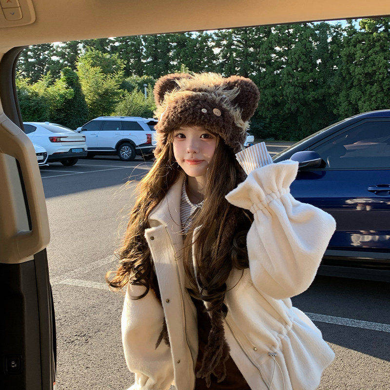 可爱小熊毛绒帽女冬季百搭显脸小条纹针织帽保暖护耳毛线包头帽子,淘宝优惠券,粉丝福利购,淘宝优惠卷