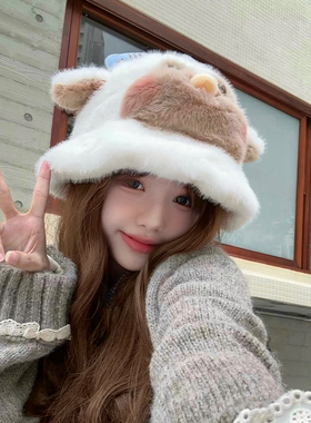 秋冬保暖加厚小熊毛绒渔夫帽女