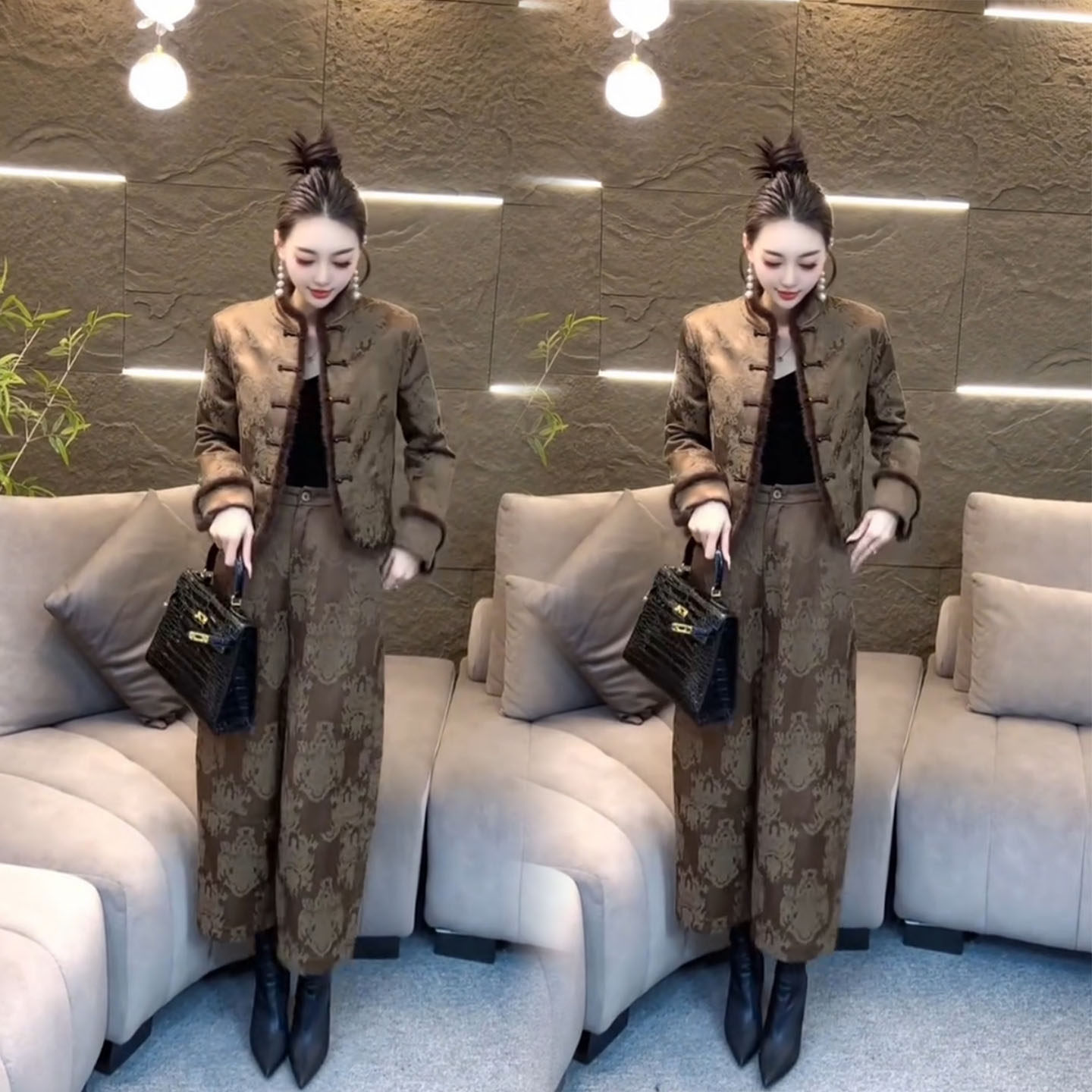 松弛感新中式风复古盘扣套装女冬季轻奢提花外套高腰阔腿裤两件套,淘宝优惠券,粉丝福利购,淘宝优惠卷