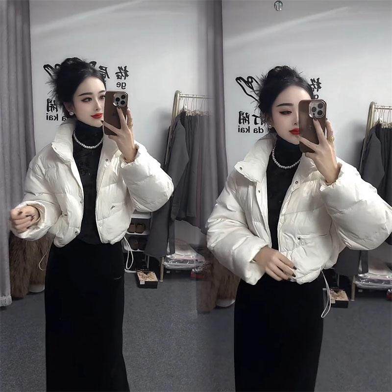 秋冬新款白色加厚保暖长袖立领单排扣抽绳高腰短款棉服外套女棉衣,淘宝优惠券,粉丝福利购,淘宝优惠卷