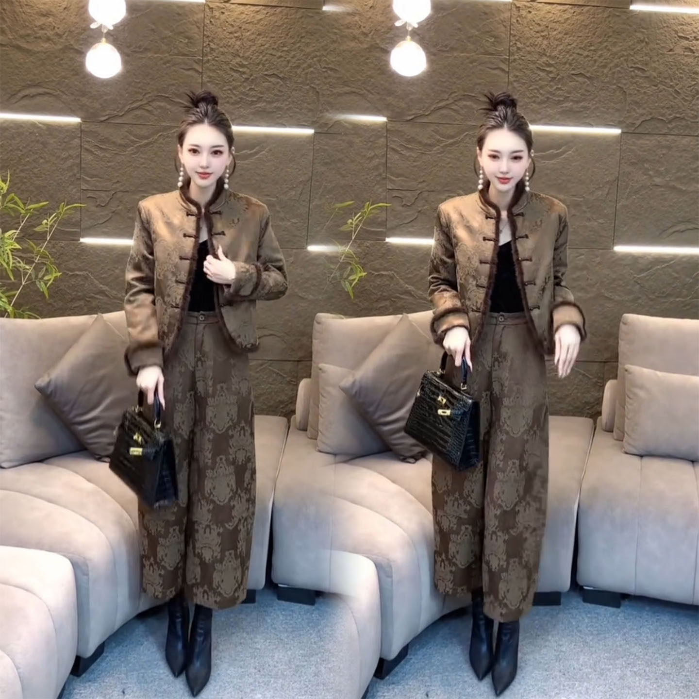 松弛感新中式风复古盘扣套装女冬季轻奢提花外套高腰阔腿裤两件套,淘宝优惠券,粉丝福利购,淘宝优惠卷