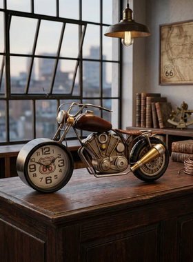 复古摩托车造型金属桌面时钟摆件