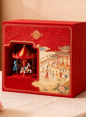 国潮红色旋转木马结婚礼盒摆件