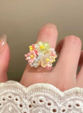 彩色玻璃珠米珠花朵开口戒指夏日
