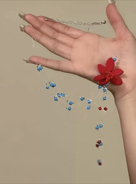 米珠玻璃珠红色花朵颈链新款甜美