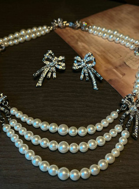 欧美跨境镶钻蝴蝶结珍珠项链时尚