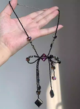 暗黑系玻璃蝴蝶结串珠流苏项链气