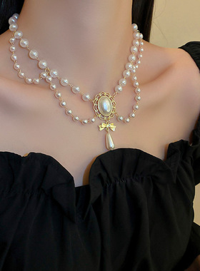 宫廷风蝴蝶结水滴珍珠项链公主气