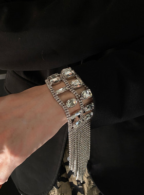 欧美跨境镶钻双排方形流苏手链个