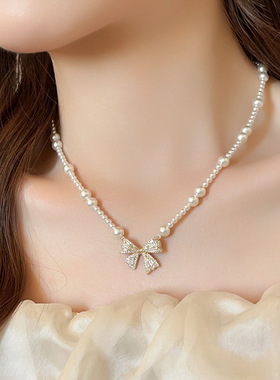 不规则珍珠锆石蝴蝶结吊坠项链复