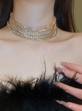 彩光满钻镶钻多层项链欧美小众气