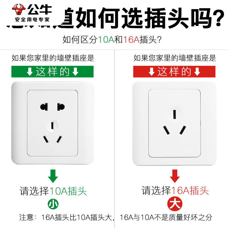 公牛插头10A无线家用两脚三脚爪不带线16A空调2眼3相电源插头正品-图1