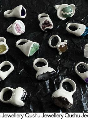 Qushu Jewellery 原创设计手工雕塑感戒指镶嵌天然石小众感戒指
