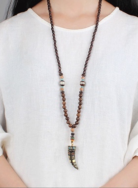 木质佛珠长款文艺风挂坠毛衣链