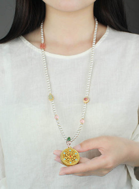 五福圆满金色仿珍珠项链长款挂件