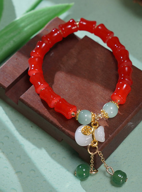 竹节白玉钱袋手链流苏花朵手串女