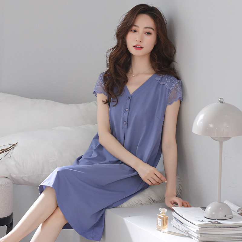 女士莫代尔棉中长款短袖睡裙连衣裙 名凤服饰睡裙