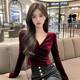 French V-neck long-sleeved velvet shirt for women in winter, light and mature style, slim-fitting bottoming shirt, elegant lady short top